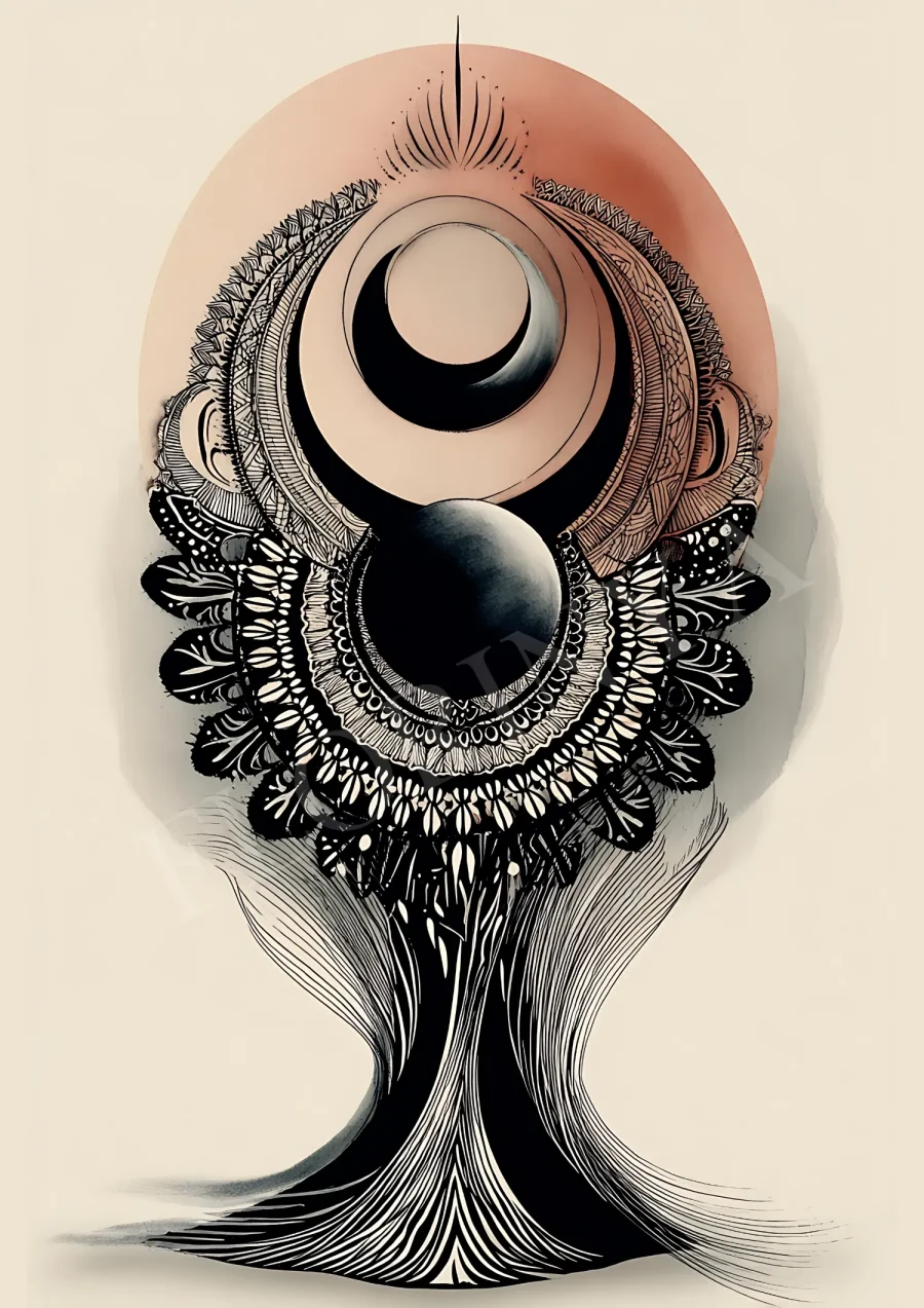 Celestial tribal moon boho wall art print in warm neutral tones, high-resolution 300 DPI JPG for instant download