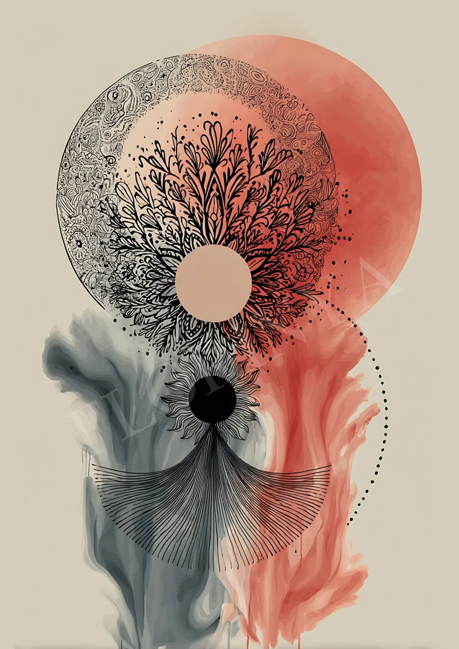 Botanical Eclipse abstract boho wall art printable in warm earthy tones, high-resolution 300 DPI JPG with botanical silhouettes