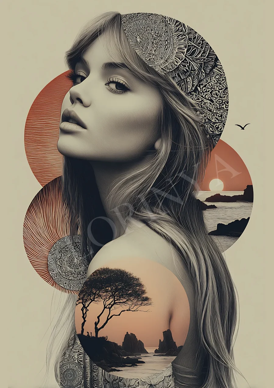 Ethereal sunset woman boho wall art printable, high-resolution 300 DPI JPG digital download for modern bohemian decor