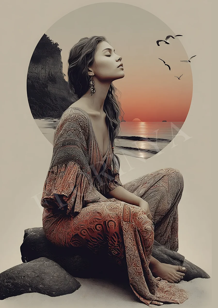 Coastal boho woman portrait printable wall art in warm neutrals, high-resolution 300 DPI JPG for instant framing and modern bohemian decor