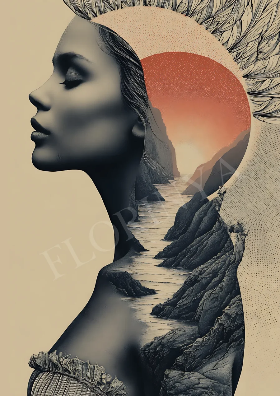 Abstract feminine silhouette boho wall art in warm neutral tones, printable high-resolution 300 DPI JPG for framing