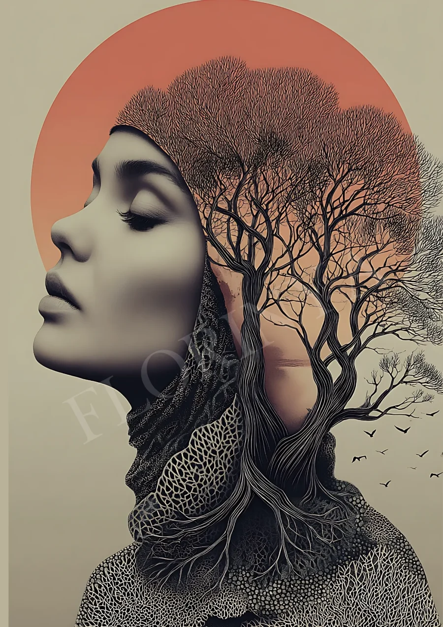 Mystic tree and woman silhouette boho wall art in neutral earthy tones, printable 300 DPI JPG