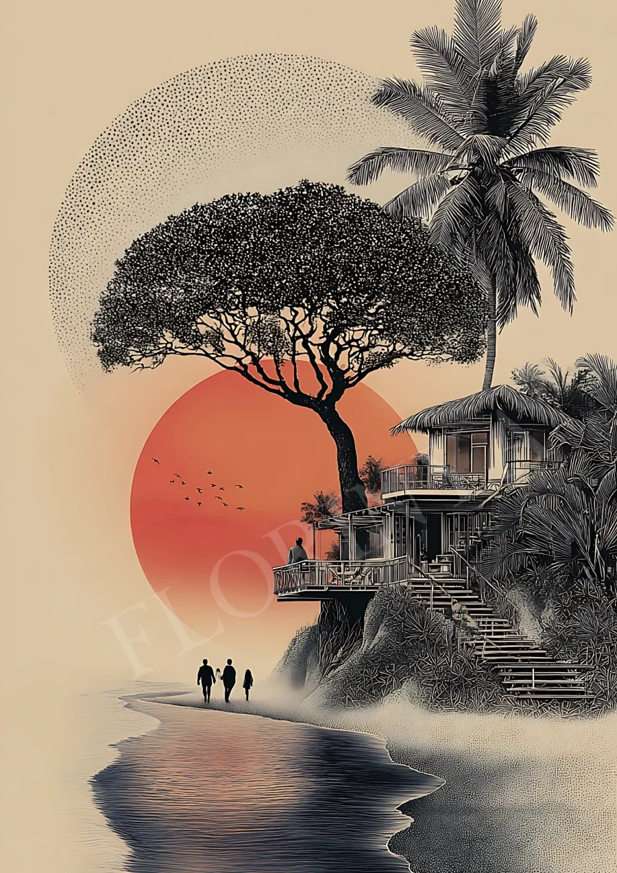 Boho Tropical Beach House Sunset printable wall art in warm sunset tones, high-resolution 300 DPI JPG for coastal boho decor