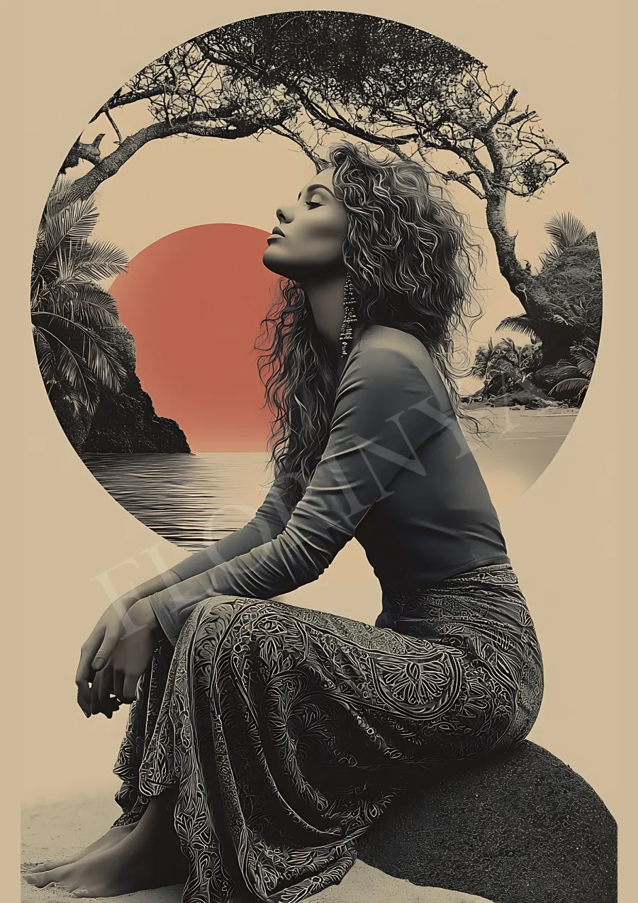 Peaceful Island Woman boho wall art printable in warm neutral tones, high-resolution 300 DPI JPG for instant download