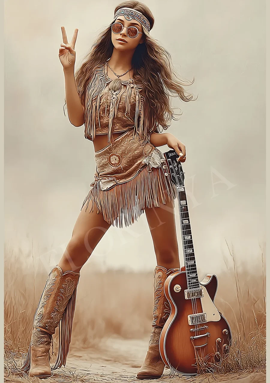 Hippie guitar girl boho wall art in warm earth tones, high-resolution 300 DPI JPG printable digital download