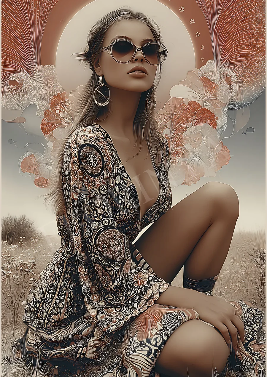 Minimalist boho illustration of chic woman wearing sunglasses, printable 300 DPI JPG for modern wall decor