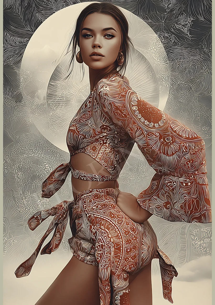 Terracotta boho fashion portrait printable in warm earthy tones, high-resolution 300 DPI JPG for wall art