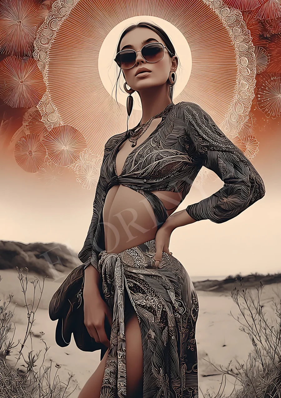 Neutral boho desert goddess portrait printable in warm beige tones, high-resolution 300 DPI JPG for elegant wall decor