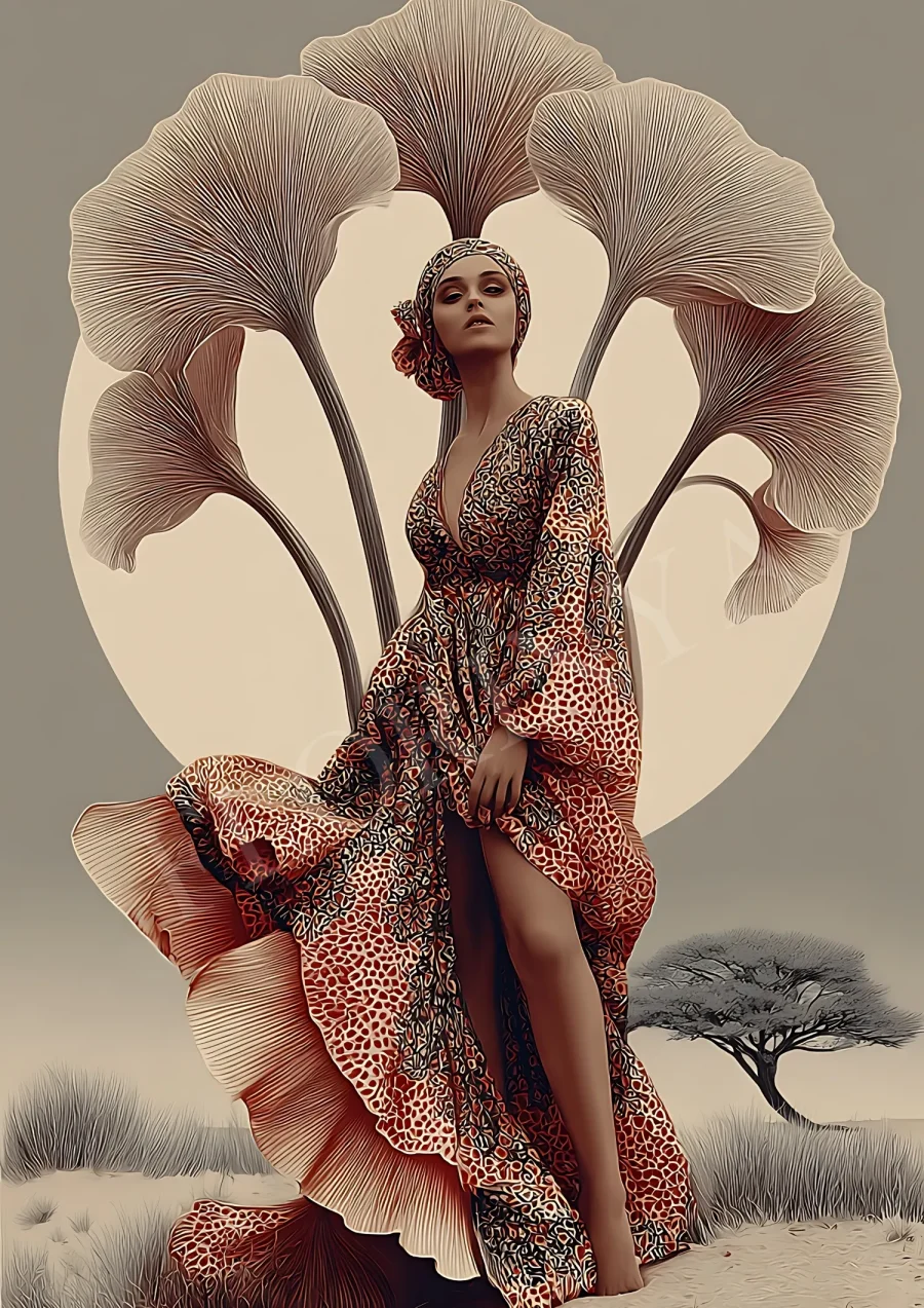 Bohemian woman botanical portrait in warm earth tones, printable 300 DPI JPG for boho home decor
