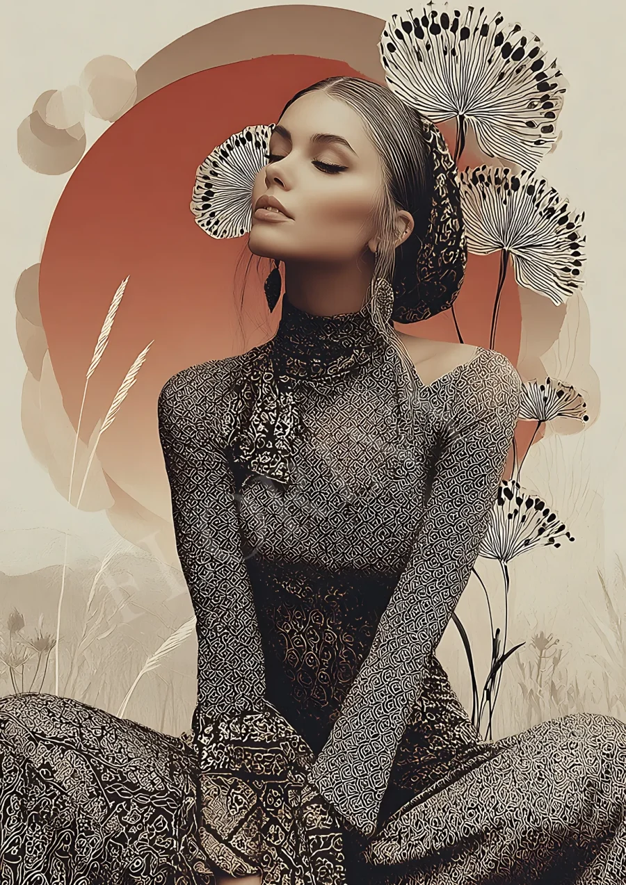 Neutral boho botanical woman portrait printable, high-resolution 300 DPI JPG for framing and minimalist home decor