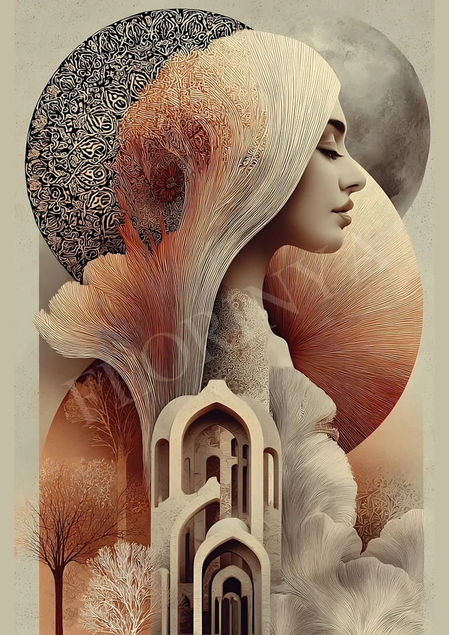 Celestial feminine arch boho wall art print in warm neutrals with moon motif, downloadable 300 DPI JPG for boho home decor