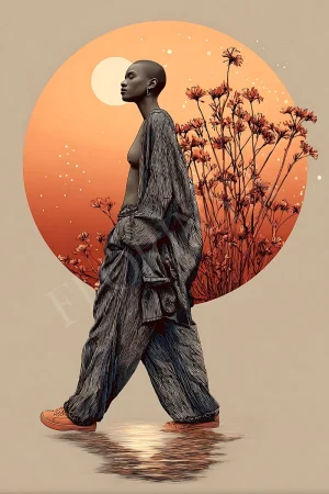 Minimalist sunset woman boho wall art in warm earthy tones, printable high-resolution 300 DPI JPG for modern decor
