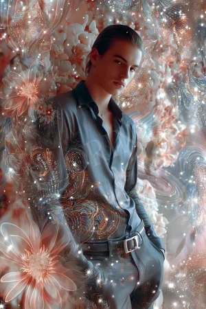Sparkling Petal Man portrait masculine wall art printable 300 DPI JPG, modern muted portrait with delicate petal highlights