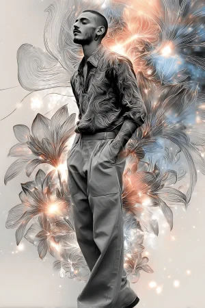 Firework Bloom Gentleman masculine wall art in deep navy with metallic highlights, 300 DPI JPG printable digital download