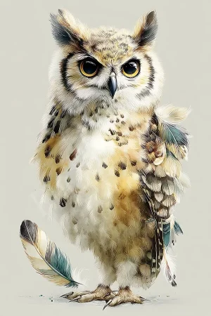 Owl with feather decor printable wall art in warm neutral palette, high-resolution 300 DPI JPG for instant download