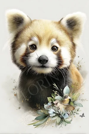 Red Panda botanical portrait printable wall art, close-up red panda with botanical leaves and flowers, high-resolution 300 DPI JPG