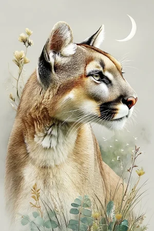 Boho moonlit puma botanical portrait printable in warm earth tones, high-resolution 300 DPI JPG for instant download.