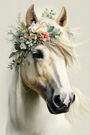 Floral horse portrait printable wall art, high-resolution 300 DPI JPG for frame-ready home decor