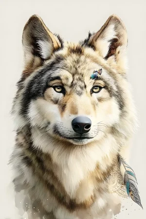 Boho spirit wolf feather portrait printable, high-resolution 300 DPI JPG animal wall art for modern bohemian interiors