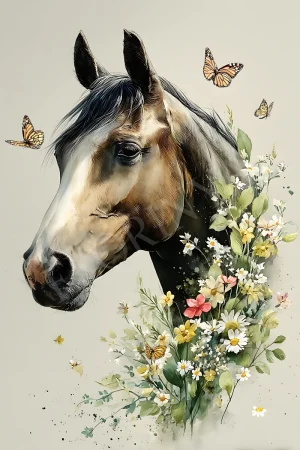 Horse botanical print featuring a graceful horse silhouette intertwined with delicate botanical illustrations, high-resolution printable JPG
