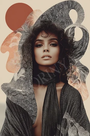 Abstract bohemian woman portrait in warm neutral tones, printable 300 DPI JPG boho wall art download
