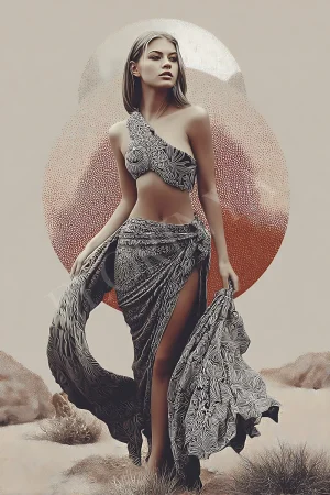 Boho Desert Goddess terracotta print with abstract sun, earthy shapes and female figure, printable 300 DPI JPG wall art download