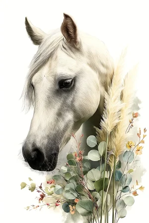 Printable white horse portrait with pampas grass in neutral tones, 300 DPI JPG for modern interiors
