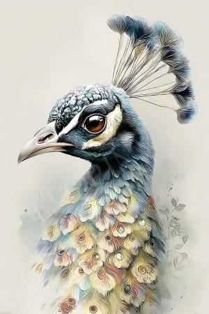 Boho pastel peacock feather portrait printable wall art in soft pastel tones, high-resolution 300 DPI JPG digital download