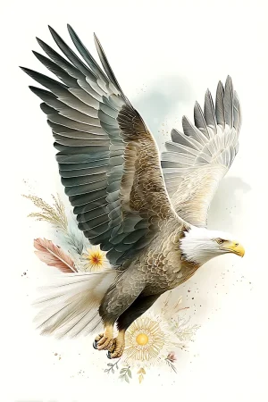 Bald Eagle Botanical Flight printable, high-resolution 300 DPI JPG of a majestic eagle with botanical collage for wall art