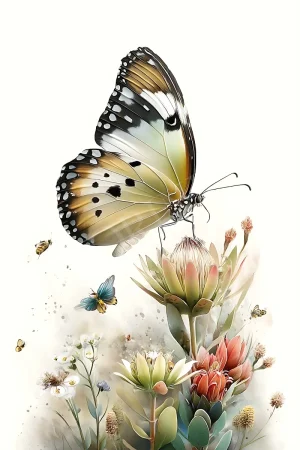 Butterfly and wildflower garden printable wall art in watercolor style, high-resolution 300 DPI JPG for instant download