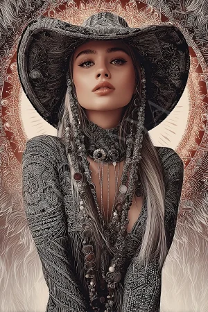 Lunar Goddess boho woman portrait in warm earthy tones, printable high-resolution 300 DPI JPG