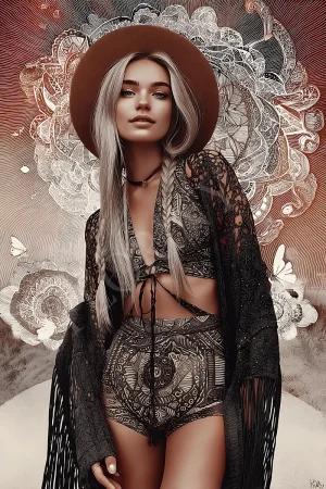 Western mandala woman portrait in boho style with warm desert palette, high-resolution 300 DPI JPG printable wall art
