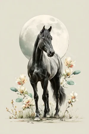 Black horse silhouette under a crescent moon printable wall art, high-resolution 300 DPI JPG for modern home decor and framing