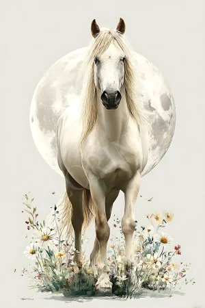 White horse silhouette beneath a crescent moon in neutral tones, high-resolution 300 DPI JPG printable wall art