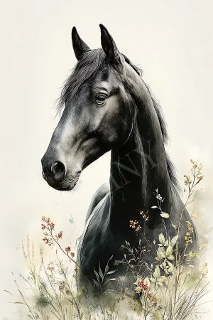 Black horse wildflowers printable wall art - high-resolution 300 DPI JPG instant download