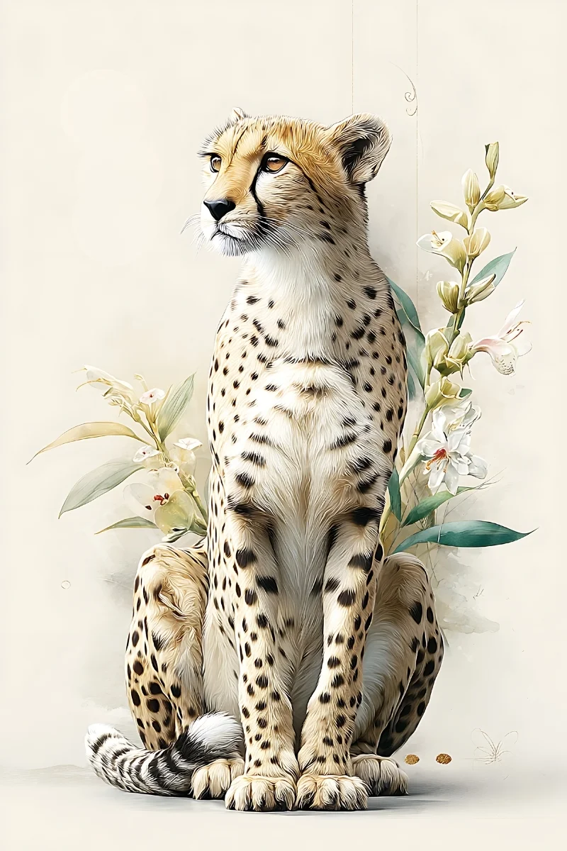 High-resolution cheetah portrait printable art in warm golden tones, 300 DPI JPG for modern wall decor