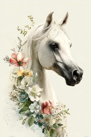 Printable white horse portrait with pastel floral wreath, high-resolution 300 DPI JPG download for elegant wall decor