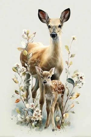 Woodland deer and fawn digital printable wall art, high-resolution 300 DPI JPG for nursery or rustic living room decor