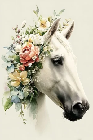 Floral horse portrait printable wall art in watercolor with botanical accents, high-resolution 300 DPI JPG download