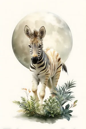Baby zebra moon printable wall art in soft monochrome for nursery, high-resolution 300 DPI JPG instant download
