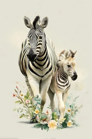 Zebra and foal printable wall art 300 DPI JPG, neutral monochrome illustration for nursery or living room decor
