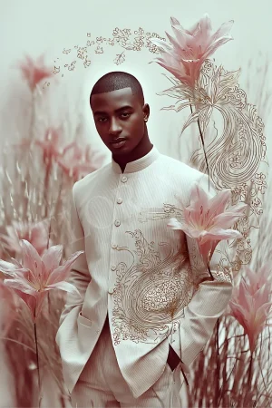 Blush floral gentleman portrait printable, masculine wall art high-resolution 300 DPI JPG for modern office or living room