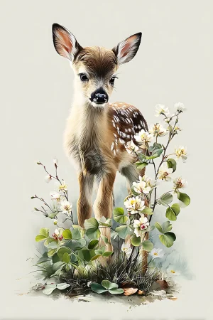 Baby fawn in clover field printable nursery wall art, soft watercolor palette, high-resolution 300 DPI JPG instant download
