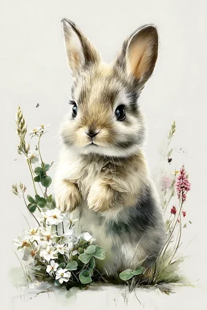 Baby bunny in wildflowers printable kids wall art, 300 DPI JPG nursery decor download