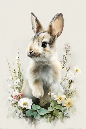 Gentle bunny in white flower meadow printable nursery art, high-resolution 300 DPI JPG download