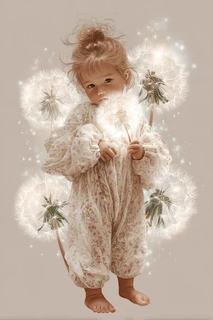 Dreamy girl blowing dandelions pastel nursery printable, high-resolution 300 DPI JPG download