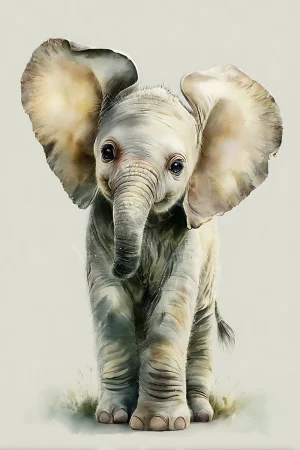 Elephant calf in soft wild grass printable kids wall art, high-resolution 300 DPI JPG for nursery decor