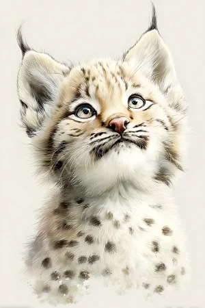 Close-up portrait of a little lynx cub with soft fur and curious eyes, high-resolution printable kids wall art 300 DPI JPG