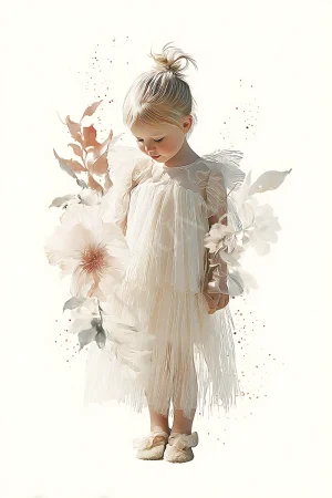 Ethereal Blossom Girl printable kids wall art, soft watercolor girl with flowers, high-resolution 300 DPI JPG for nursery décor