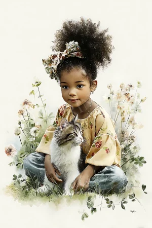 Printable kids wall art of a girl and her cat in wildflowers, high-resolution 300 DPI JPG for nursery decor